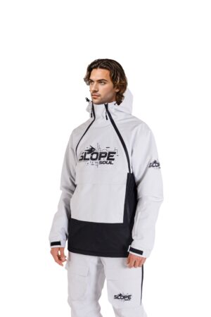 Giacca da sci uomo bianca e nera Slope Soul con logo tecnico sul petto – modello tecnico impermeabile